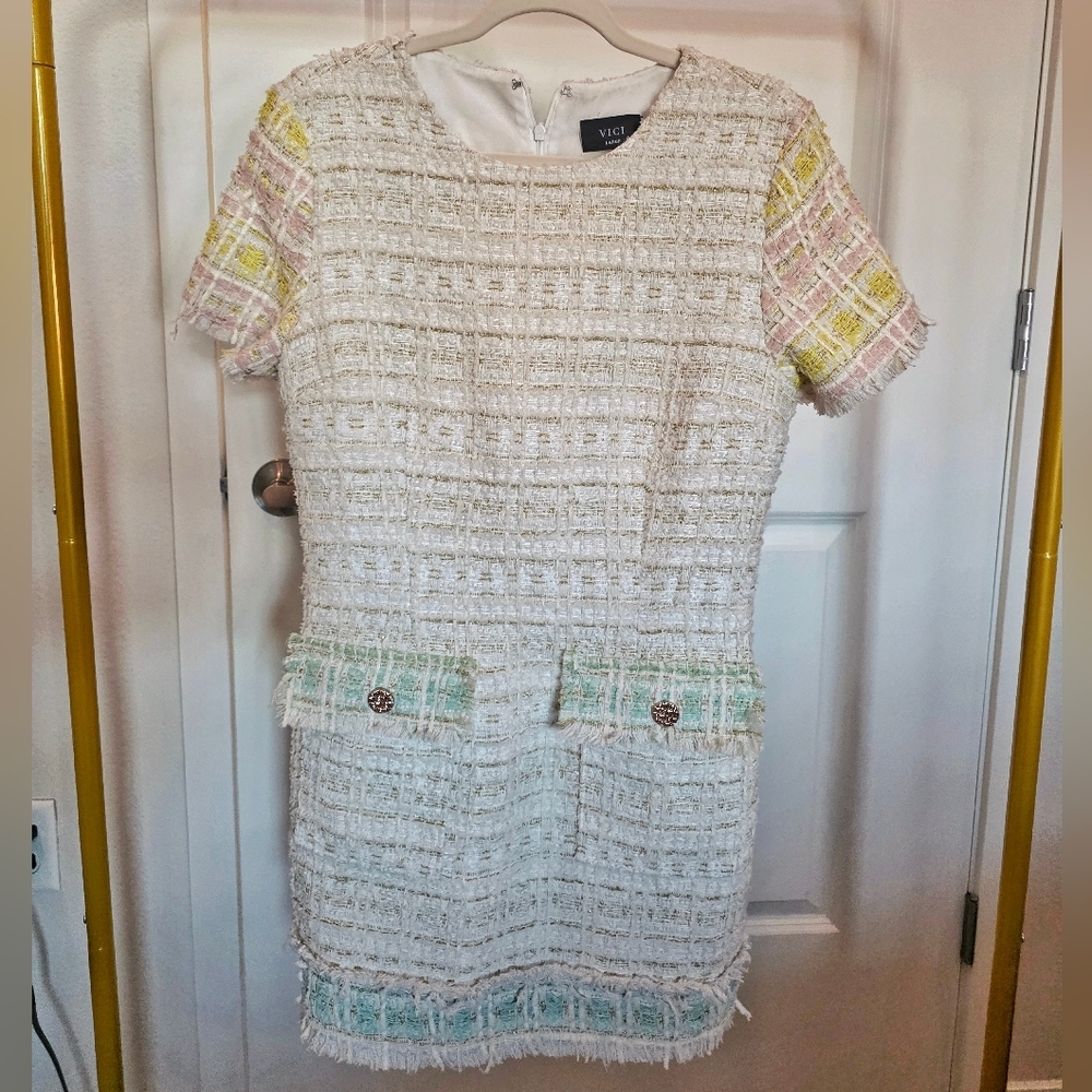 Vici Tweed Mini Dress - White with Pastel Accents